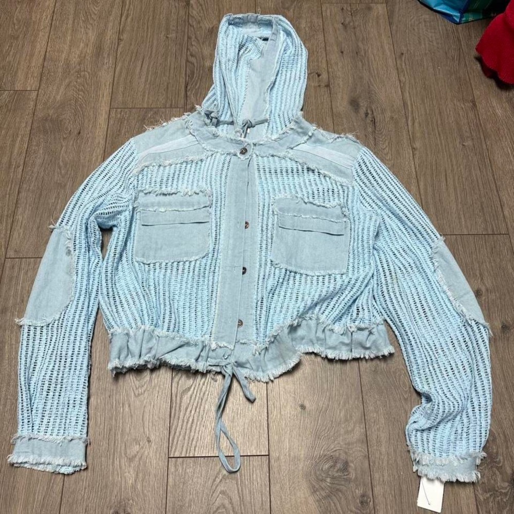POL Light Blue Hooded Crochet Cardigan with Distressed Trim